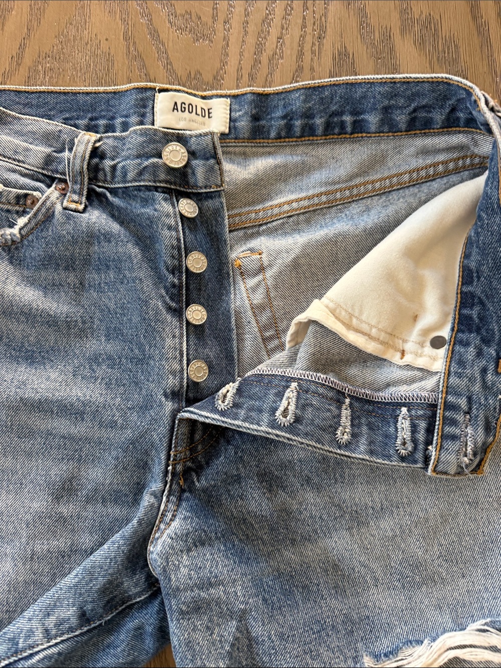 Agolde Light Blue Distressed High-Rise Jean Shorts - Picture 8 of 11